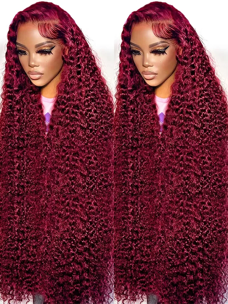 13x4 Deep Wave Lace Frontal Wig Human Hair Transparent 99J Burgundy Full Lace Front Wigs Red Colored HD Curly Human Hair Wigs