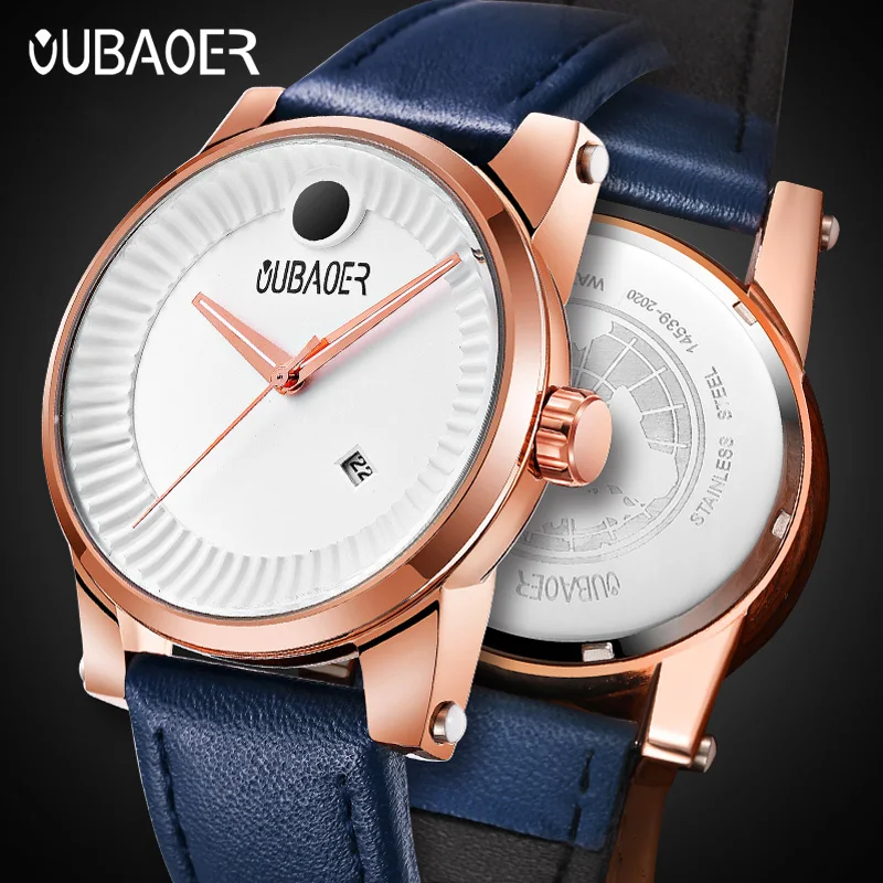 OUBAOER, reloj de pulsera de cuero genuino para hombre, reloj de pulsera con movimiento de cuarzo para hombre, relojes de serie de caballero resistentes al agua, reloj de lujo