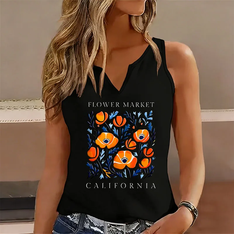 Summer Spring Flowers Market California Sleeveless Tank Top T-shirt V Neck Casual Fashion  Vest T Shirts Women Tee Shirt V-Neck