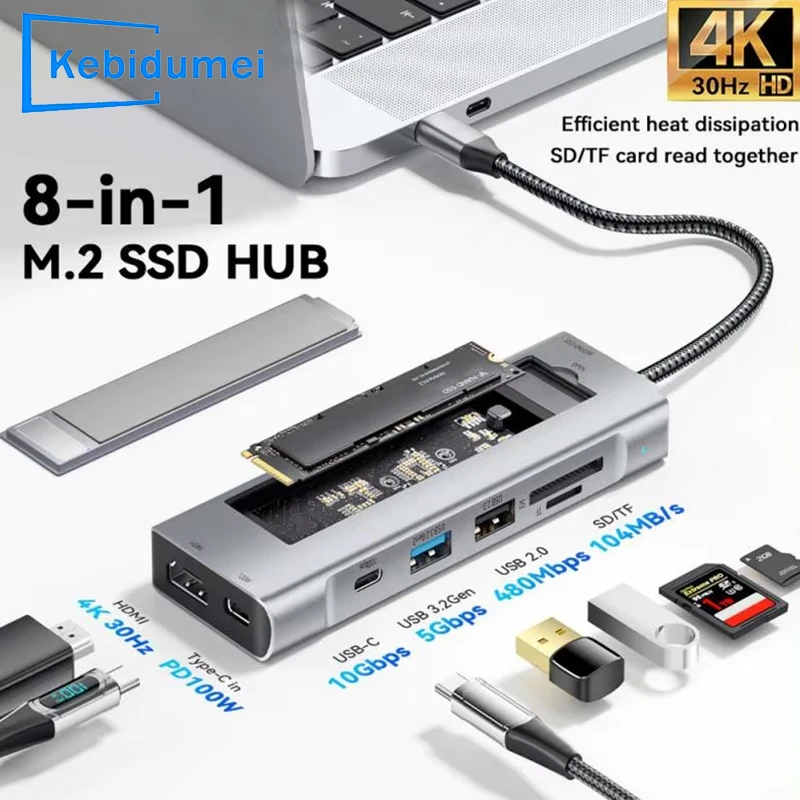 8-in-1 USB Hub With Disk Storage Function M.2 SATA NVME SSD Enclosure Type C to HDMI-Compatible Docking Station For Macbook Pro 