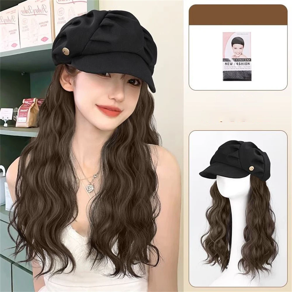 Topi bisbol bergelombang panjang sintetis Korea, dengan ekstensi rambut, topi Wig alami sintetis untuk anak perempuan