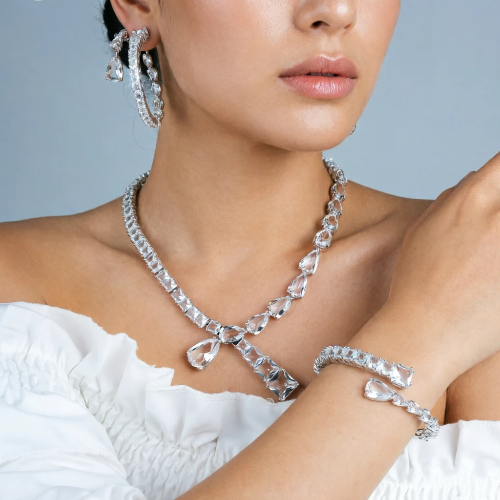 

Luxury Fashion Elegance AAA Zirconia Geometric Necklace Earrings Bracelet Bangle For Women Lady Wedding Party Jewelry Set