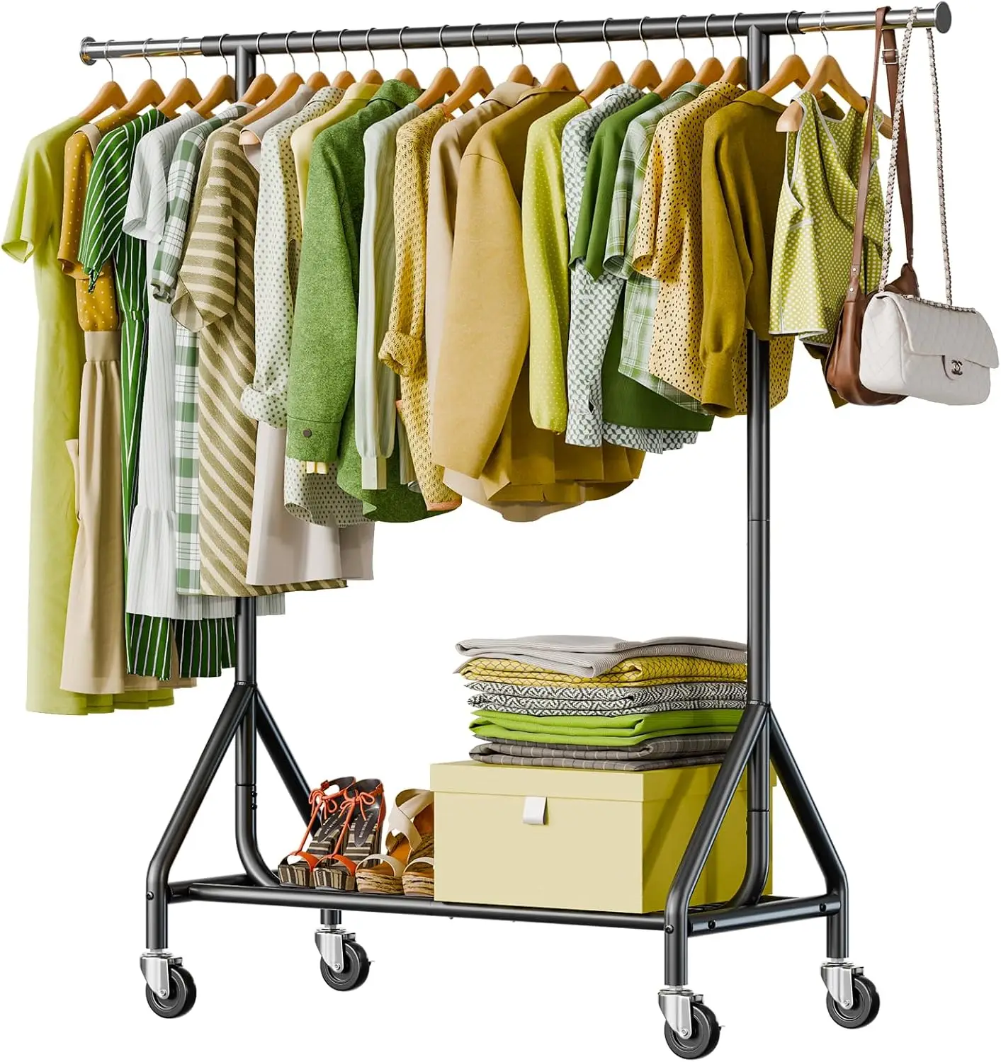 Clothes Rack Load 450 LBS, Heavy Duty Garment Rack, Standing Rolling Metal Hanging Clothes with Sturdy Wheels & Shelves, Black