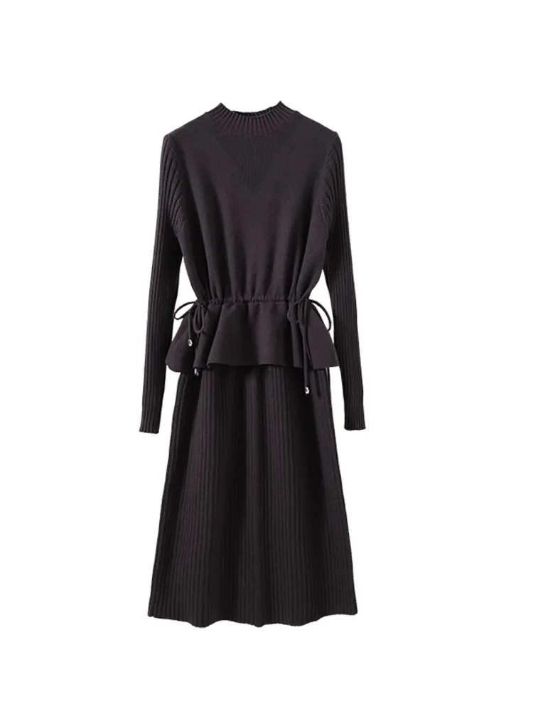 Women's Knitted Midi Dr f High Collar Slimming A-Line Silhouette Long Sve Comfortable Soft Korean Sle Commute Dr