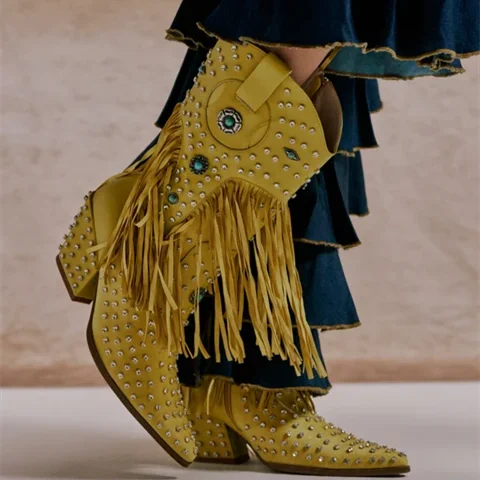 Fringe Western Cowboy Boots Rhinestone Turquoise Decor Botines Pointed Toe Shoes Chunky Heel Mid Calf Riding Botas Femininas