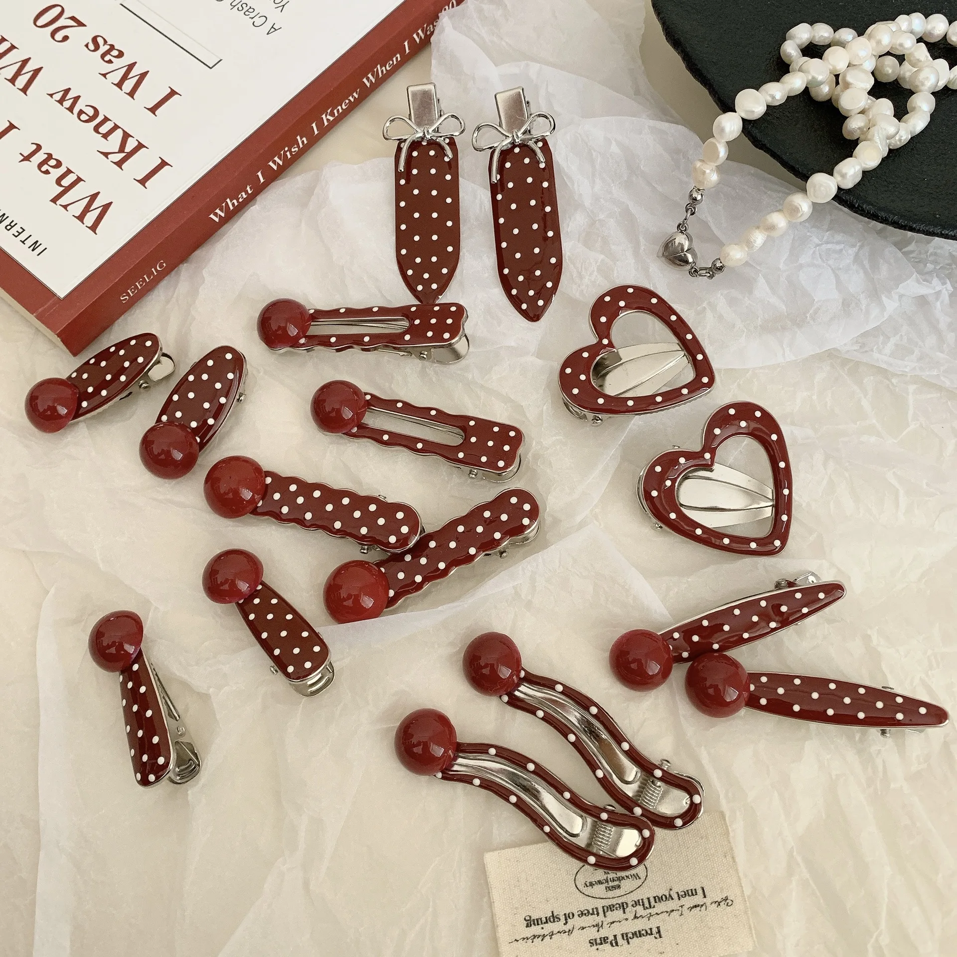 Retro Red Polka Dot Bangs Hairpin Broken Hair Edge Clip Duckbilled Clip Korean Sweet Versatile Side Clip Hair Style Accessories