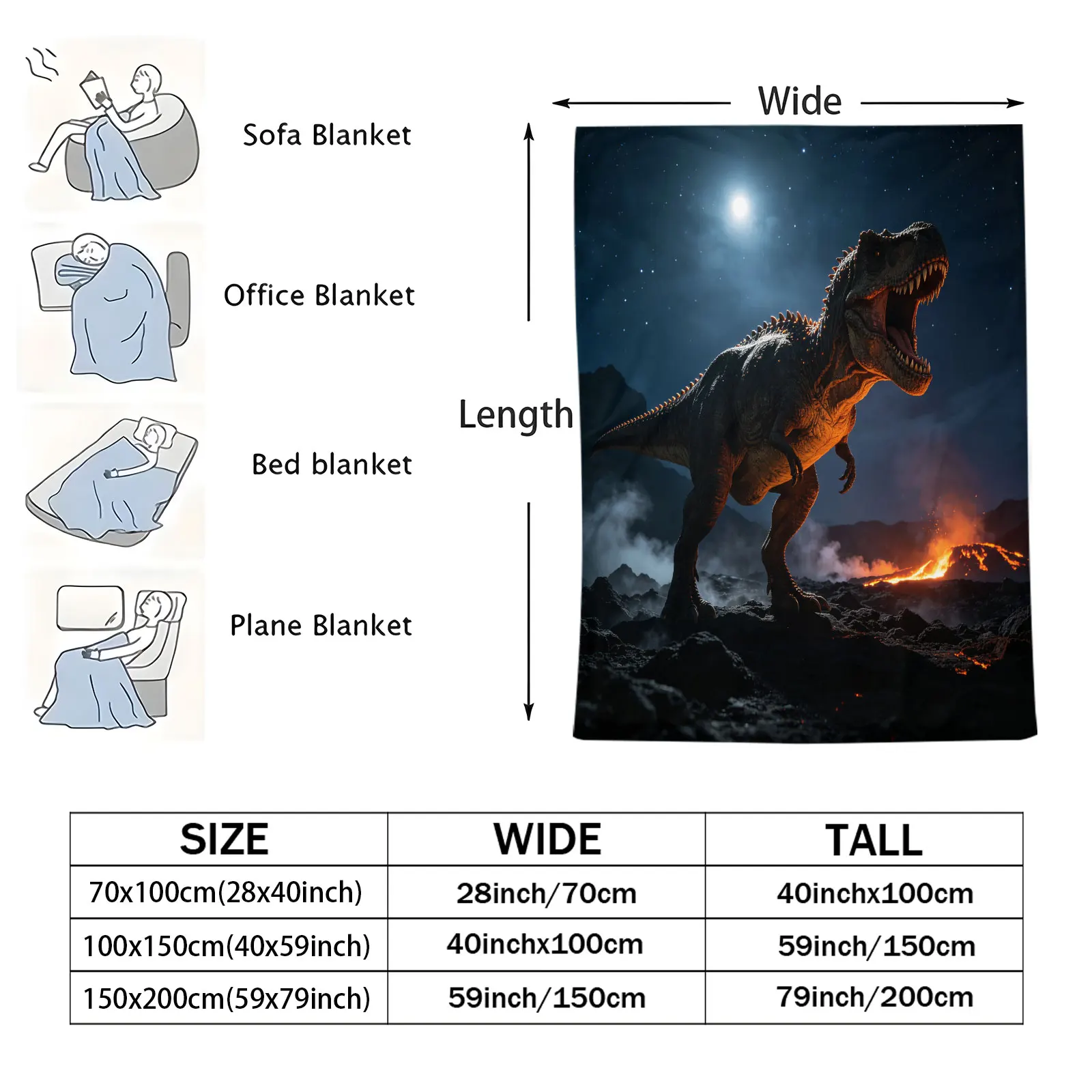 Volcano Night T‑Rex Dinosaur Flannel Throw Blanket Soft Lightweight Warm Flannel Blanket For Couch Sofa Bed Car Camping Travel