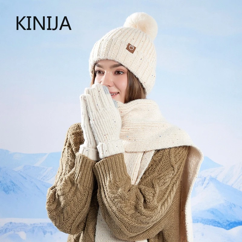 3pcs Wool Knit Neck Scarf Gloves Cap for Women Winter Thicken Warm Beanies Hat Outdoor Coldproof Cycing Skiing Skullcap