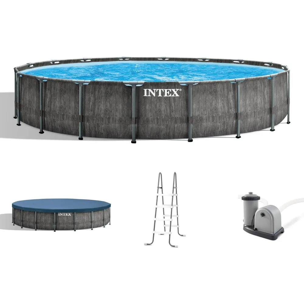 Prism Frame Round above Ground Outdoor Swimming Pool Set with Filter Pump, Ladder, Ground Cloth, and Pool Cover, Greywood