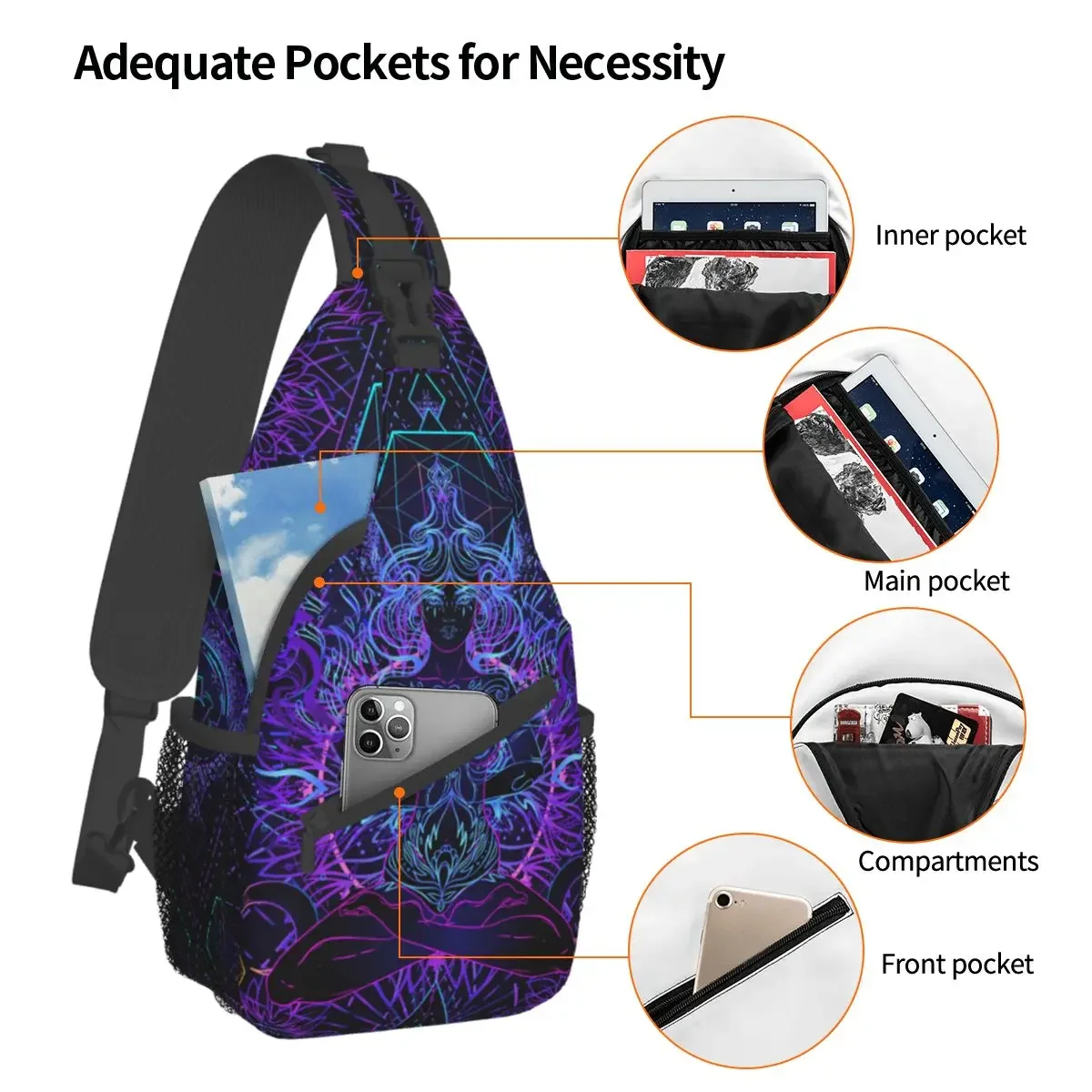 India Mandala Zen Buddha Crossbody Sling Bag Small Chest Bag Mandala Psychedelic Shoulder Backpack Daypack Travel Hiking Cycling