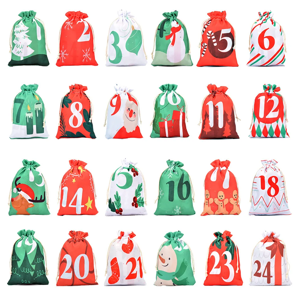 72pcs/lot Christmas Calendar Hanging Bag Cotton Linen Drawstring Bags With Wooden Clips And Hemp Rope Gift Candy Packaging Pouch