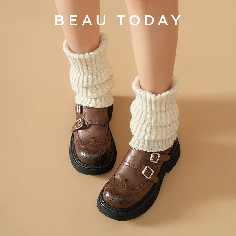 BEAUTODAY Retro Loafers Women Calfskin Solid Color Round Toe Brogue Style Hook & Loop Slip-On Ladies Monk Shoes Handmade 26695