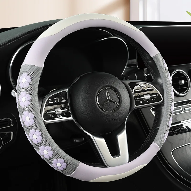 Muse Cartoon Leather Steering Wheel Cover 3D Flower Embossed Girl Wind Handle New Design Car Accessory