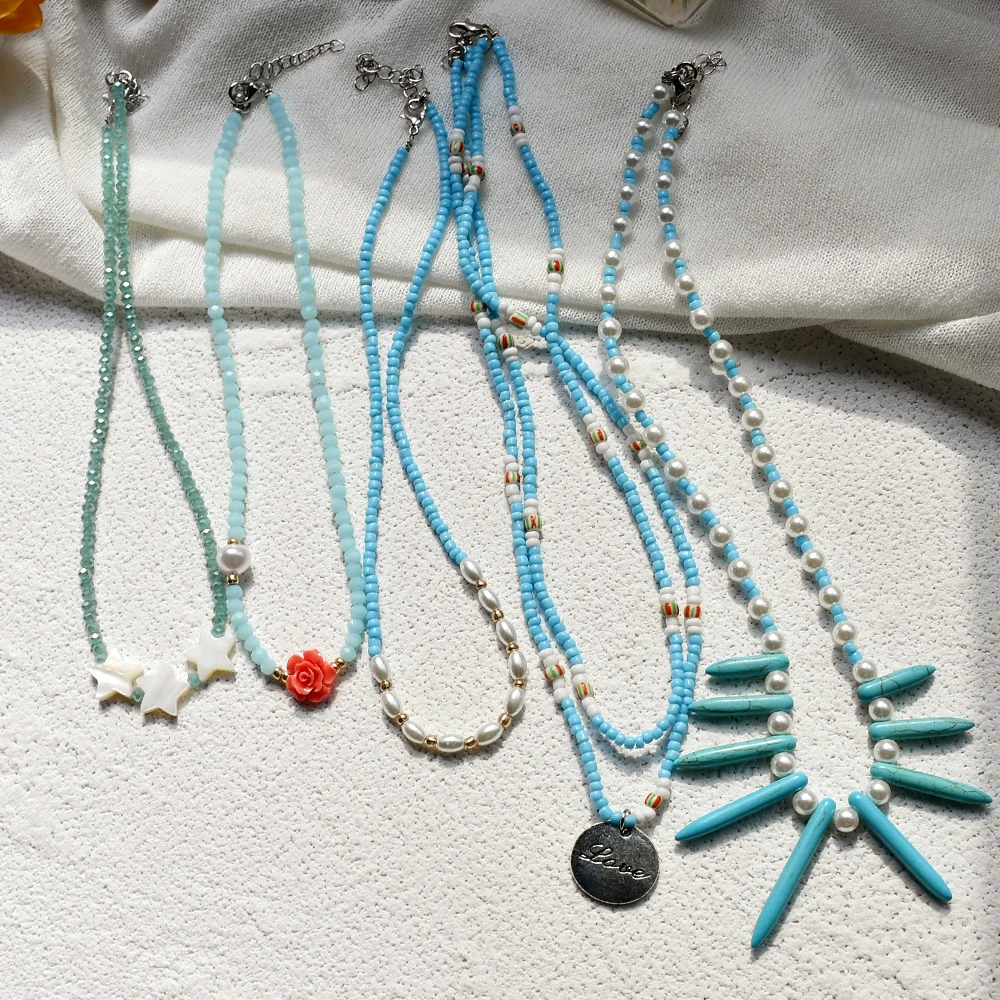 Blue Crystal Seed Bead Choker Pearl Natural Stone Chips Pendant Women Beach Travel Bohemian Necklaces