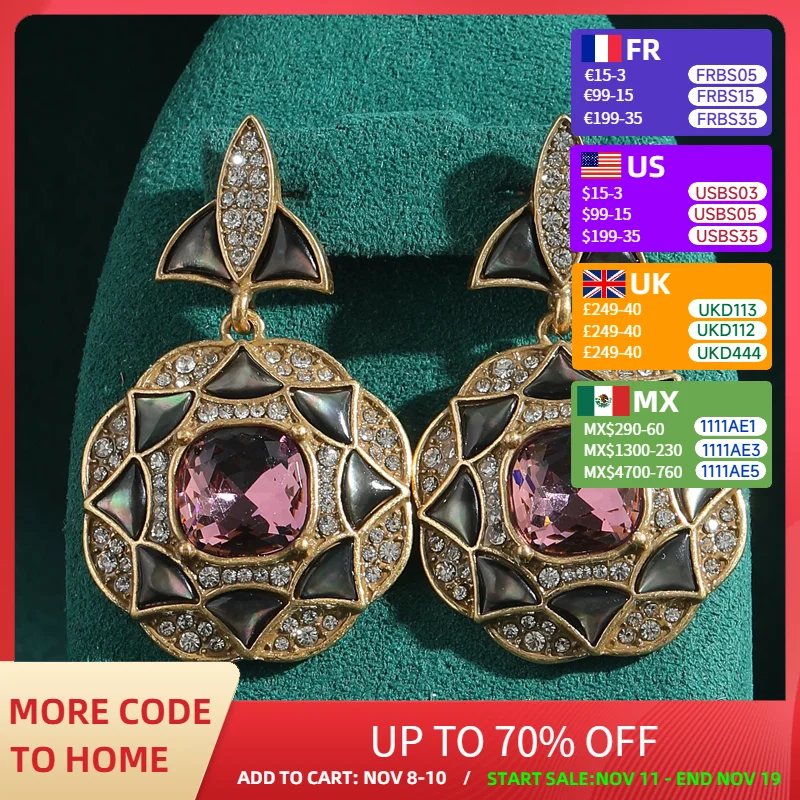 

Luxury Antique Purple Earrings Drop Crystal Geometric Circular Pendant For Woman Zircon Rhinestones Vintage Jewelry Accessories