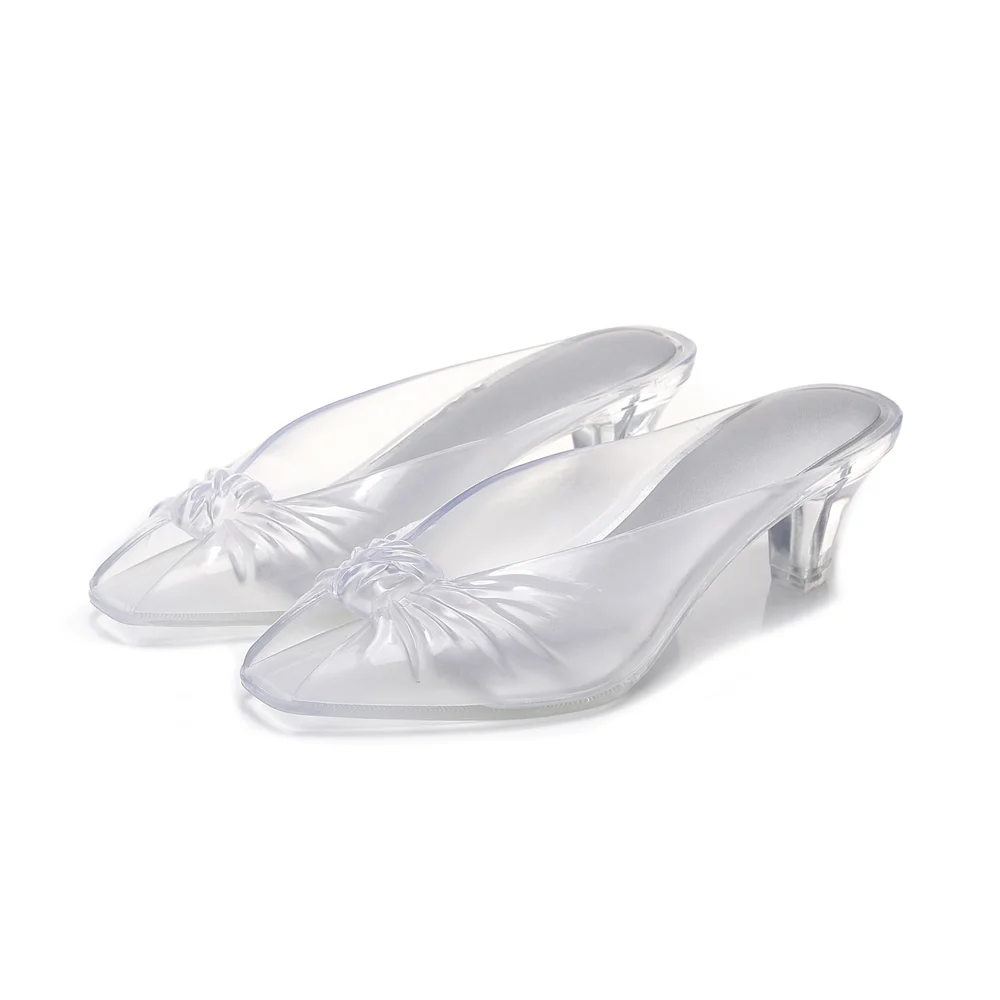 Clear Transparent Slip-On Mule Heels Square Peep Toe Front Ruched Bow Detail Mini Clear Kitten Heel Minimalist Summer Sandals