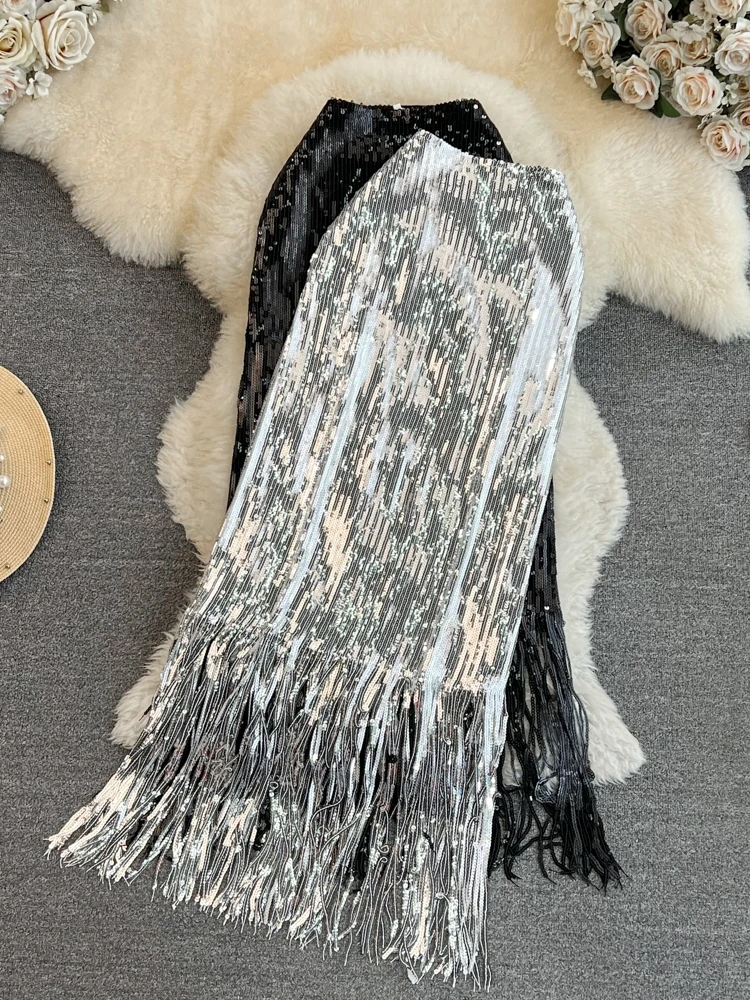 

Юбка-карандаш женская с высокой талией, эластичная, средней длины, в корейском стиле, с бахромой и яркими пайетками, эффект стройности