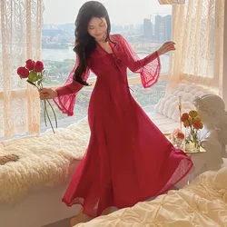 2024 Summer Silk Satin Long Sleeve Sexy Lace Lingerie V-neck Nightgowns for Women Korean Sleepwear Night Dress Nightdress Nighty