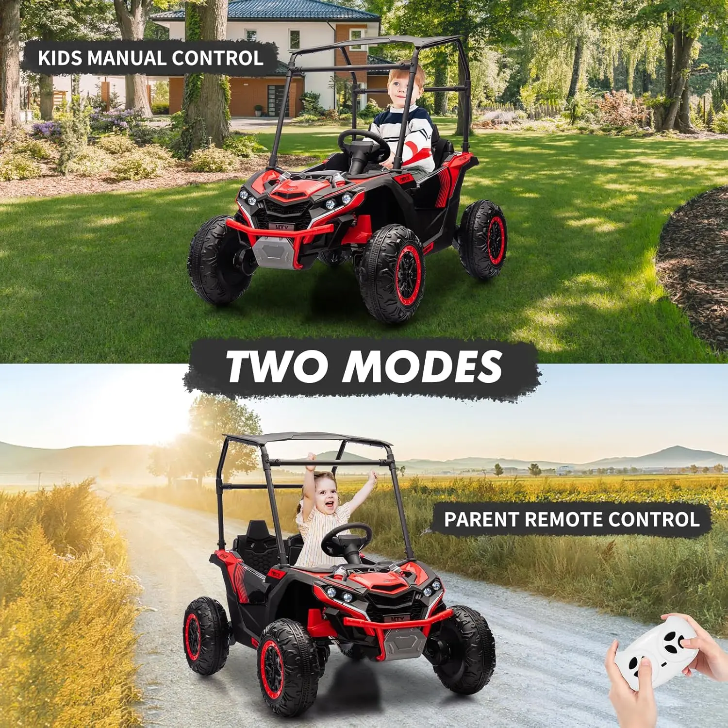 24V Kids 2 Seater 4WD Electric UTV Truck, Remote Control Off Road Ride On with Sun Shade 4 Shock Absorbers, LED Lights, Music