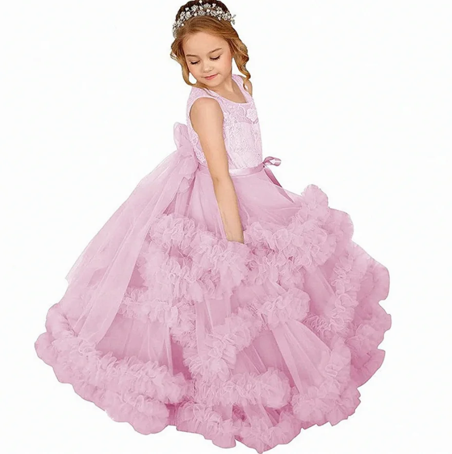 Tulle Puffy Cloud Flower Girl Dress For Wedding Sleeveless Princess Kids Birthday Party Prom Gown First Holy Communion Dress