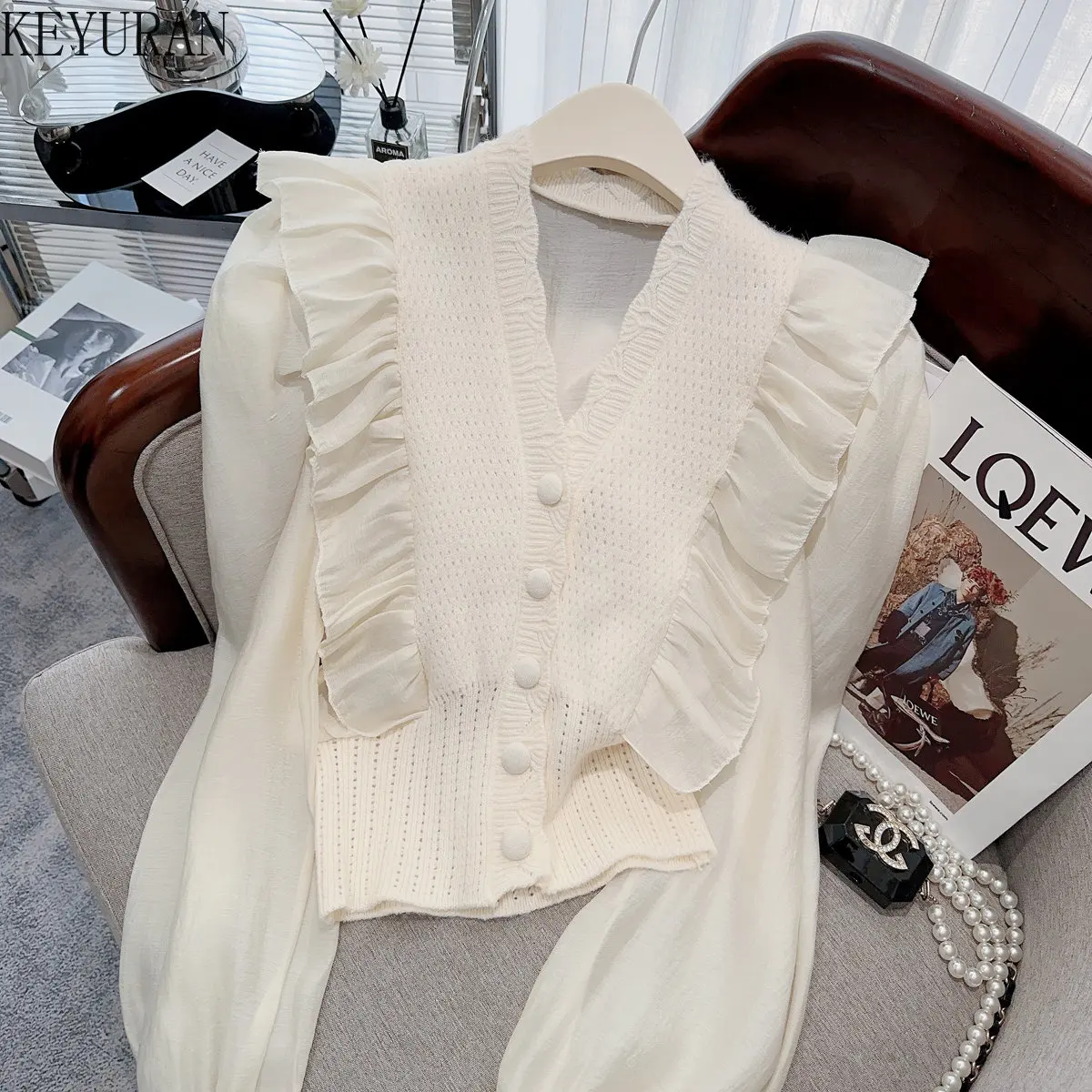 2023 Spring Sweet Ruffles Patchwork Sweater Women Solid Color V-neck Long Sleeve Single Breasted Knitted Cardigan Cropped Tops