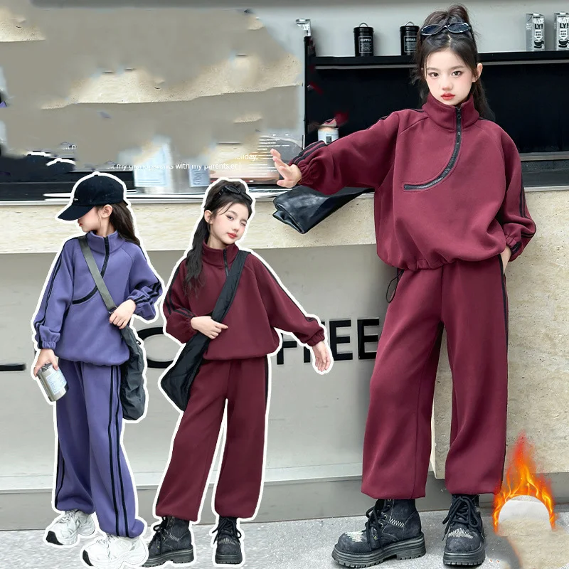 

Children Girls 2pcs Suit Autumn Turtleneck Sweatshirt+Elastic Waist Sweatpant 4-14Y Girls Sets Striped School Girls Tracksuit