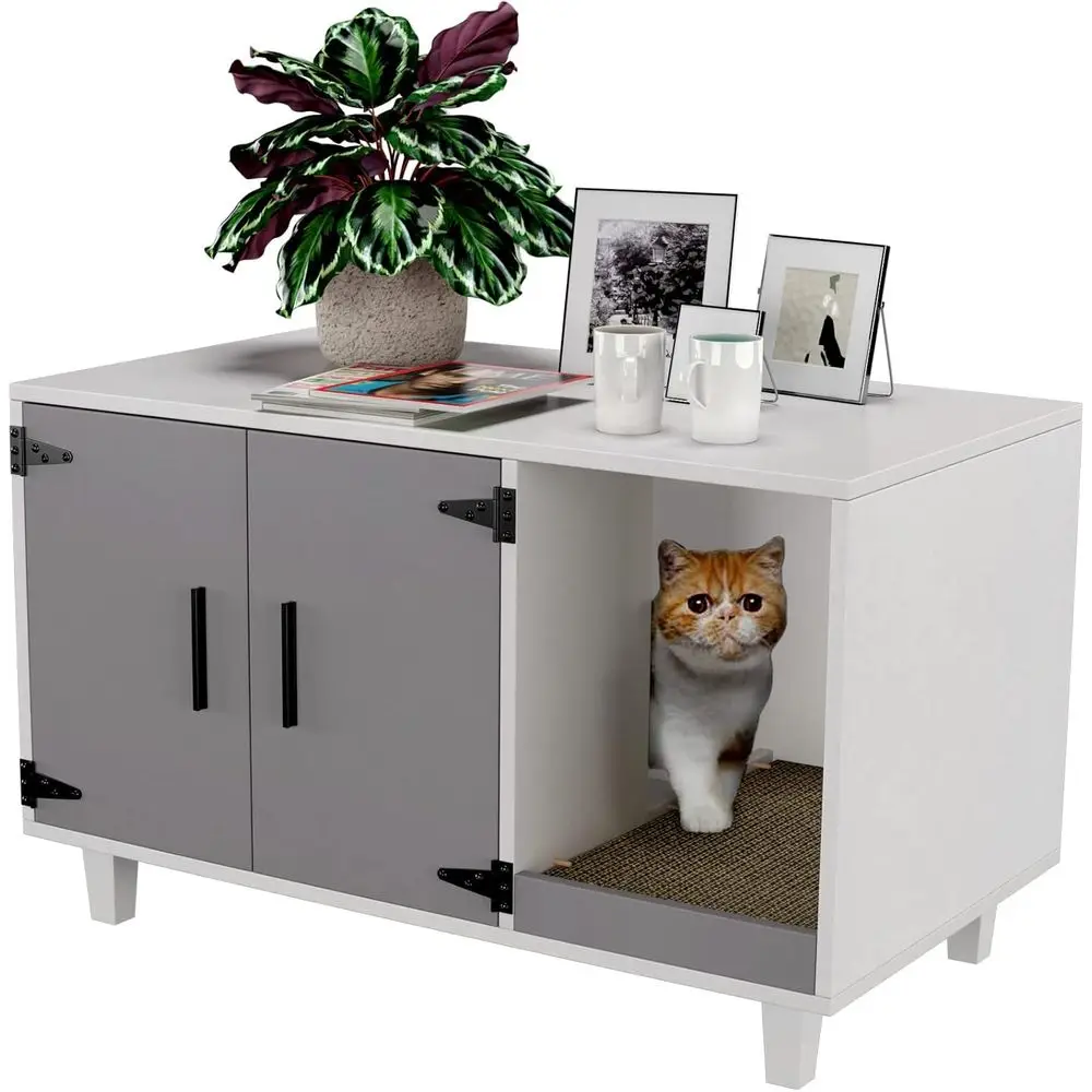 

Gray & White Cat Litter Box Enclosure with Table Nightstand and Scratch Pad, Stackable