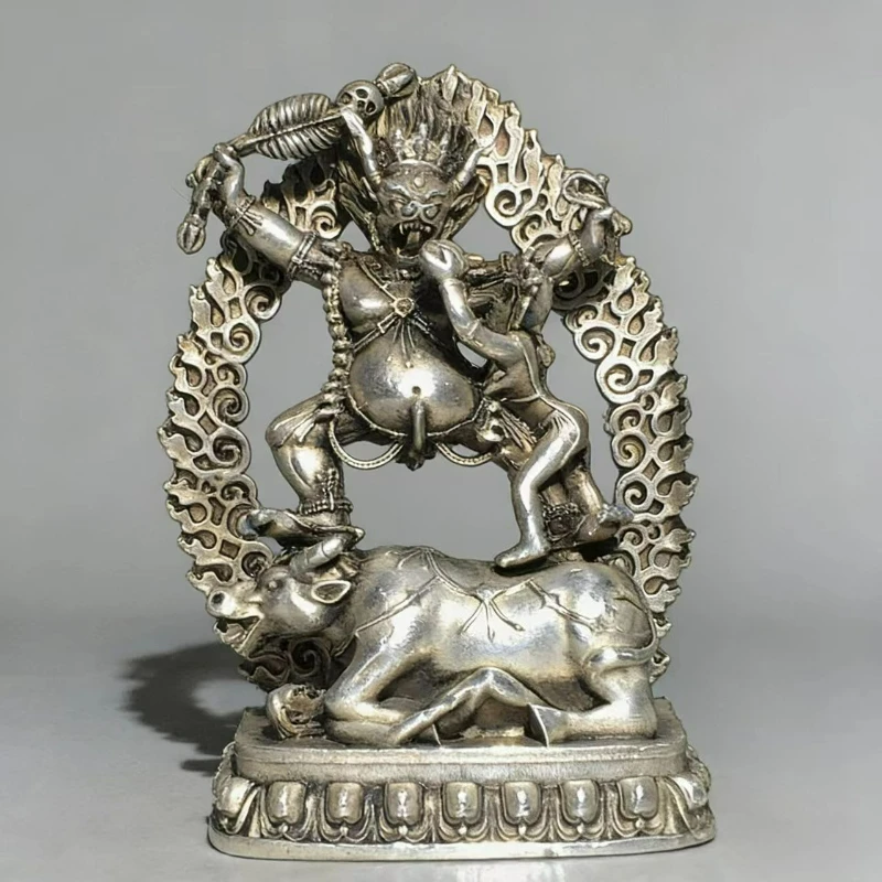 Antique White Copper Tibetan Dharma Protector Yan Mo Enemy Statue Home Worship Town House Fortune Crafts Feng Shui Ornaments