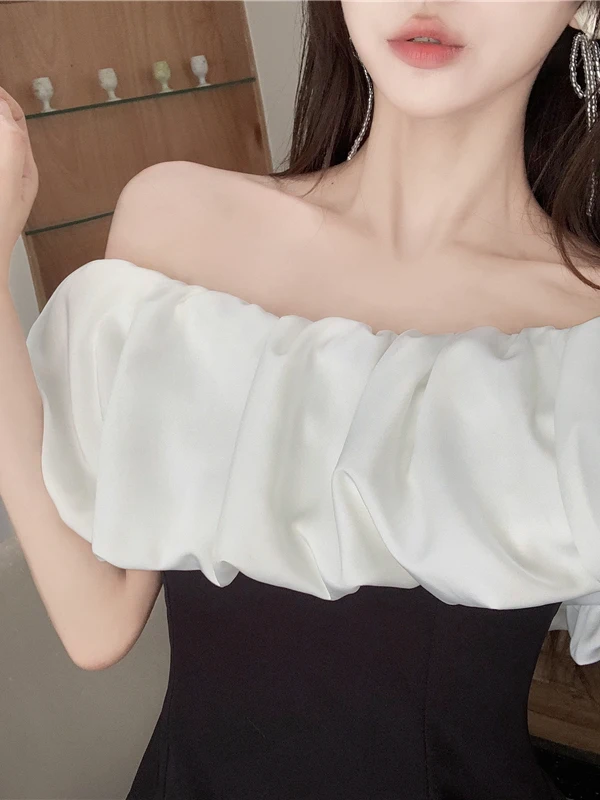 Rétro une épaule Hepburn Sle Design Sensation Small ence Jupe ort d'été pour femmes Dr Polyester doux Taille haute G...