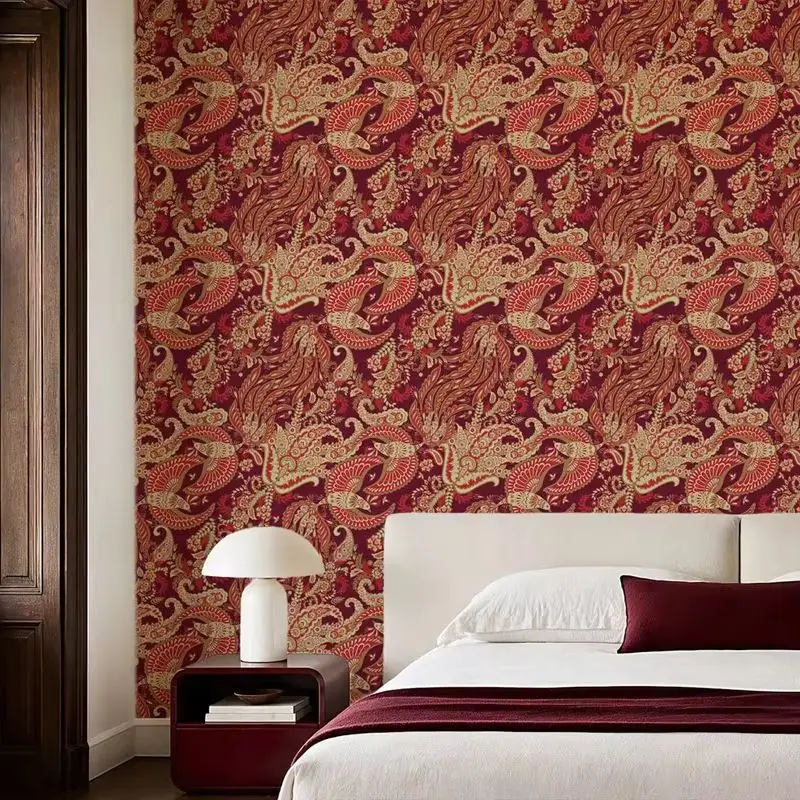 Boho Paisley Wallpaper Peel and Stick, Burgundy Floral Bird Wall Mural,Vintage Oriental Home Decor,Self Adhesive Or Traditional