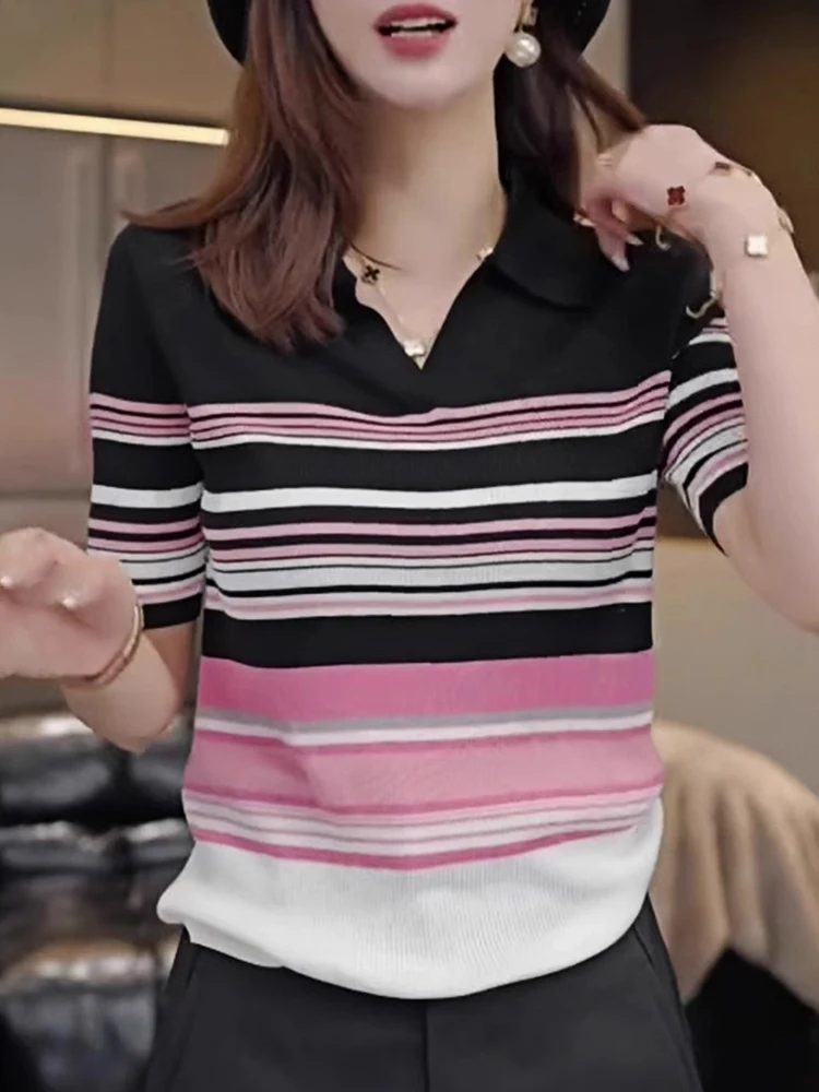 

Женская летняя модная рубашка Ele Slimming с коротким рукавом, вязаная из ледяного шелка, в полоску, в корейском стиле, прямого кроя