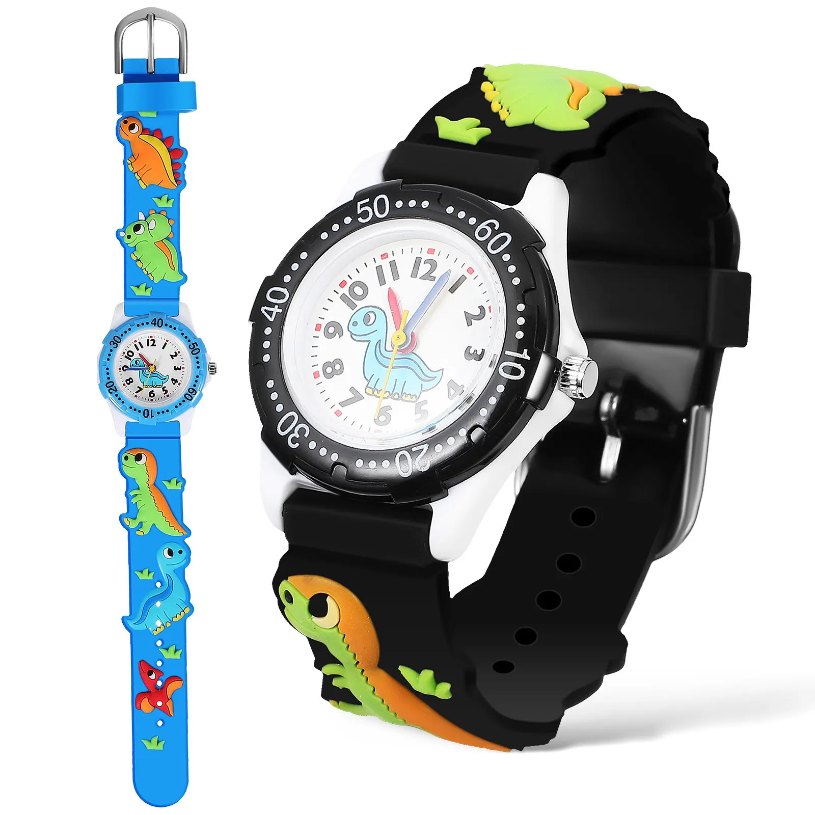 2Pcs Waterproof Watches Cartoon Dinosaur Design Clear Arabic Numerals Flexible PVC Strap Adjustable Size Quartz