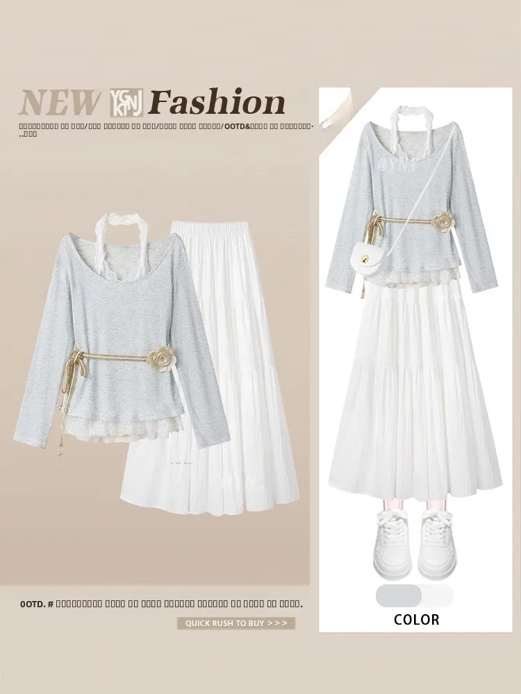 

Ранняя осень, комплект нежного ветрового наряда, женский дизайн, искусственный двухсекционный висящий топ с белой юбкой, комплект из двух предметов