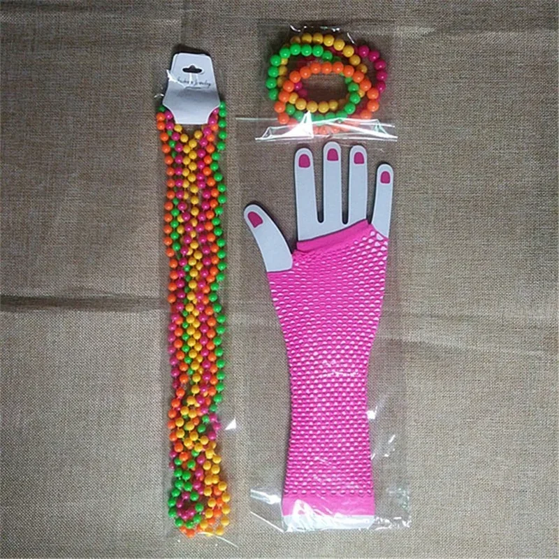 80's Party Costume Women's Neon Bead Necklace Bracelet Set with Fingerless Gloves