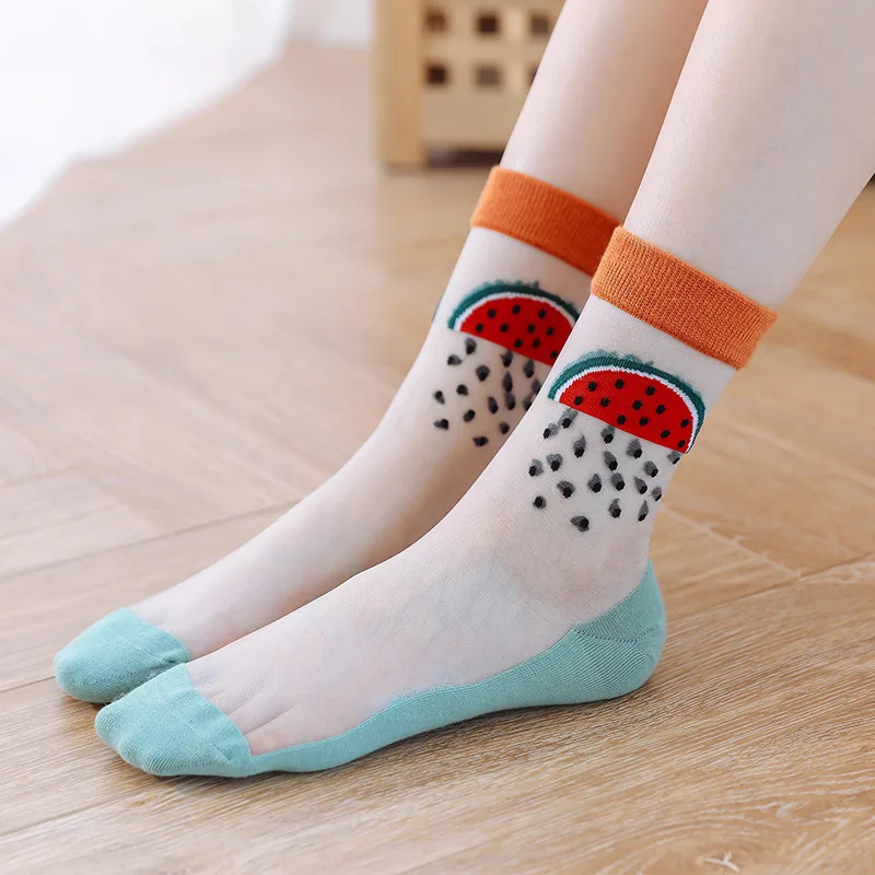 Women Thin Transparent Socks Crystal Glass Silk Socks Ladies Sweet Fruit Strawberry Avocado Peach Watermelon Summer Mesh Socks