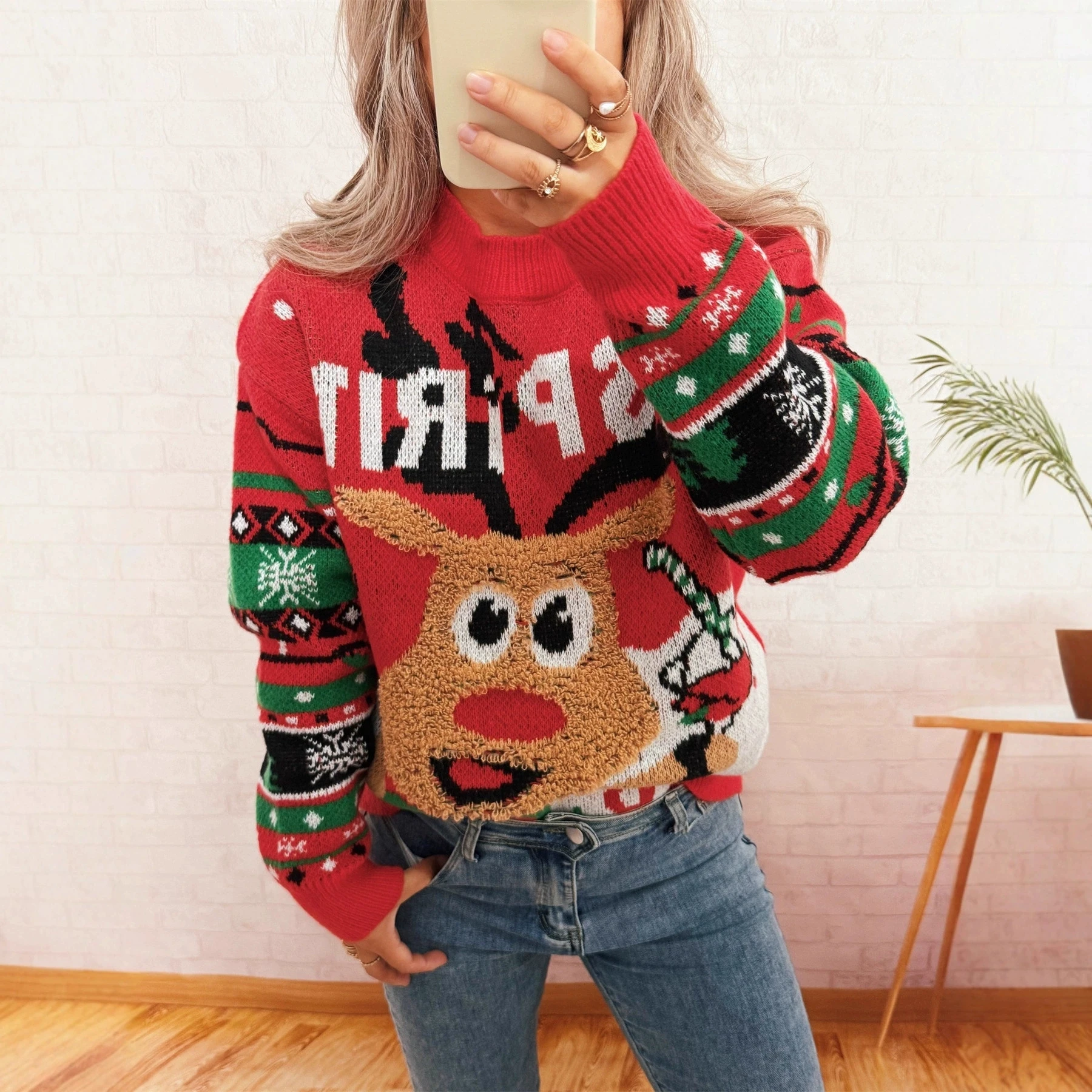 

Осень/зима Рождественский вязаный топ с мультяшным узором и круглым вырезом, повседневный свободный уникальный теплый новогодний свитер, пуловер, топ