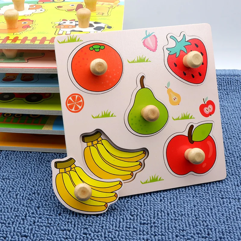 Montessori Wooden Fruit 3D Puzzle Hand Grab Boards Toys Tangram Jigsaw Cartoon Vehicle Animals Puzzle Education Toy for Children