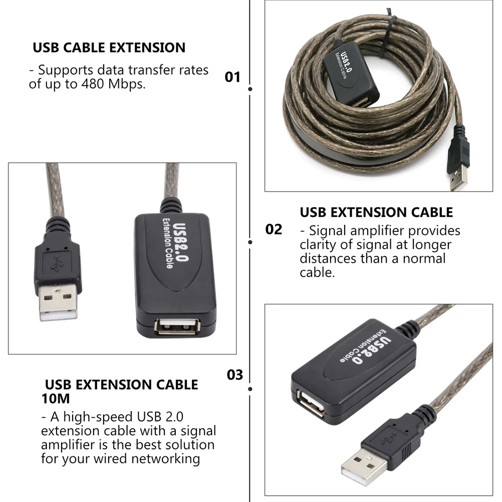 

USB 2.0 Signal Amplifier Extension Cable 10m USB Extension Cord High Speed Data Transmission Wireless Network Adapter Printer