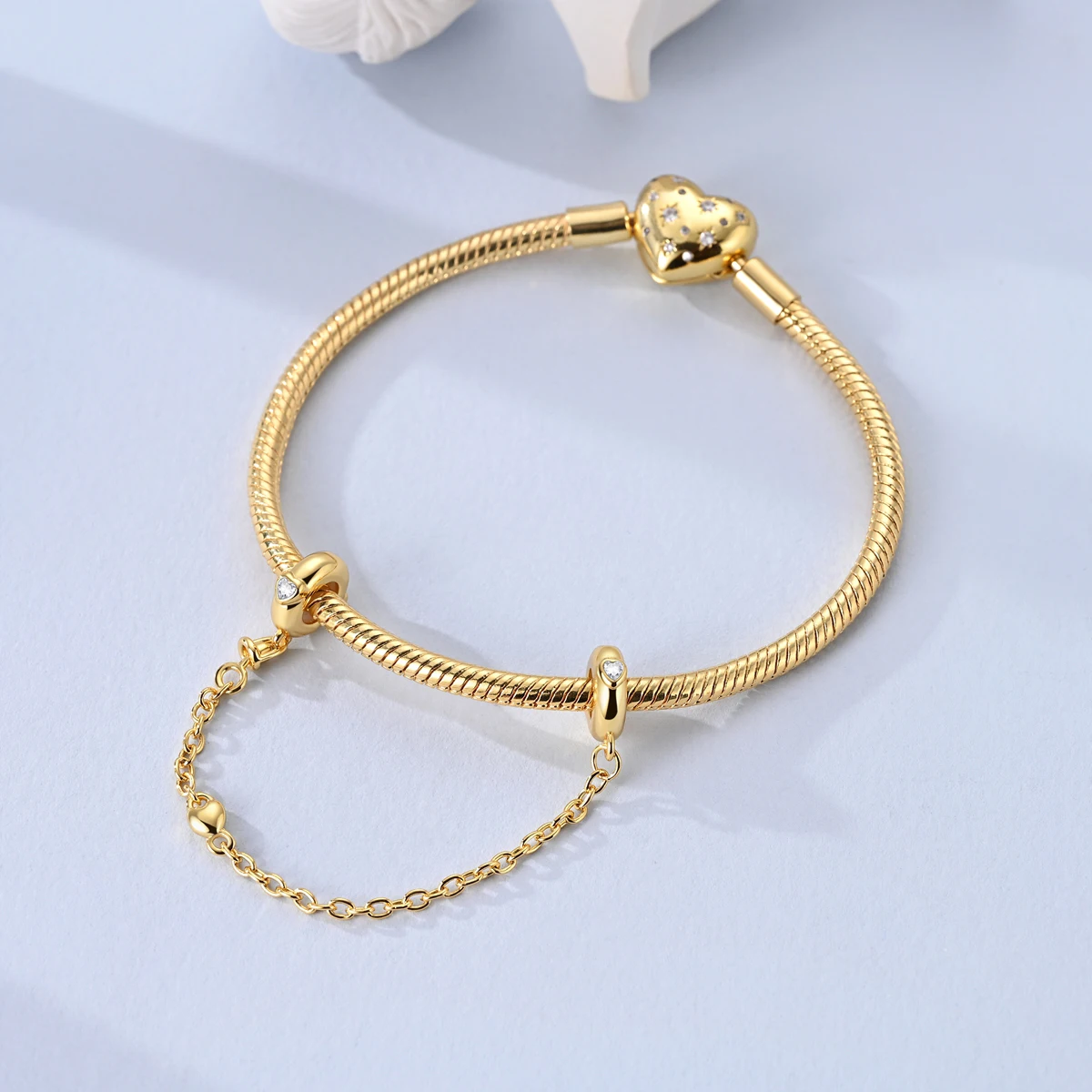 

925 Sterling Silver Golden LOVE Heart Chain Fashion Inlaid Zirconium Charms Bead Fit Original Bracelet DIY Jewelry