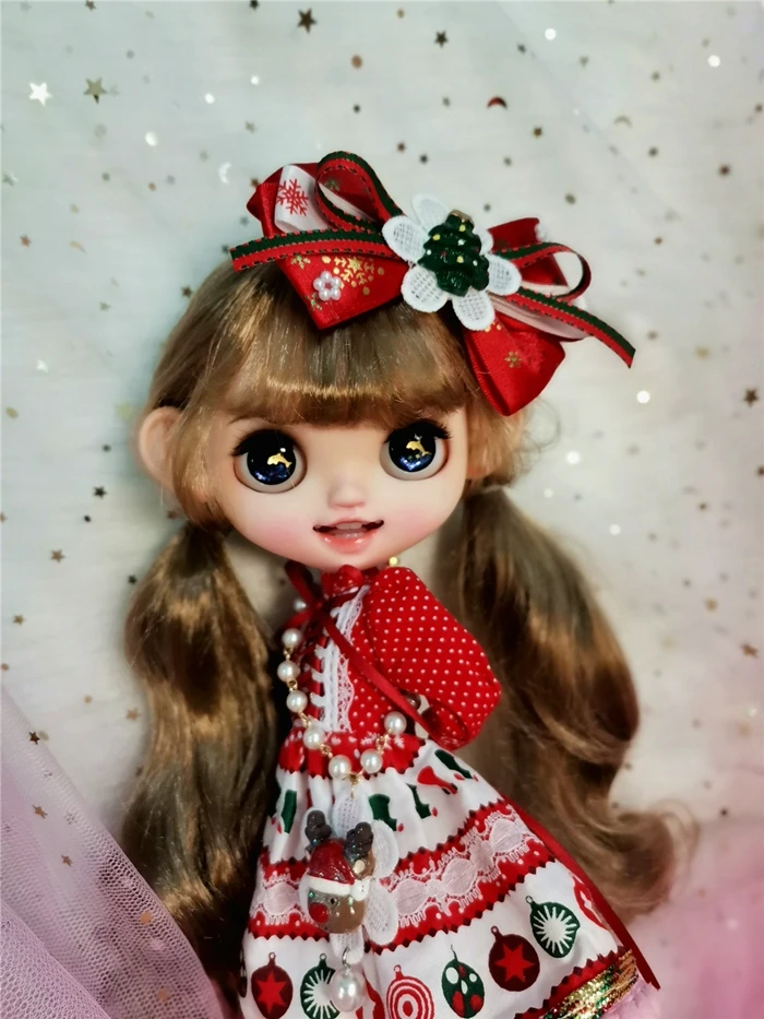 Blythes doll dress for size 1/6 9-10in OB24 New Bow + Red candy Dress + Necklace + Socks 4 piece set Christmas dress 30cm doll