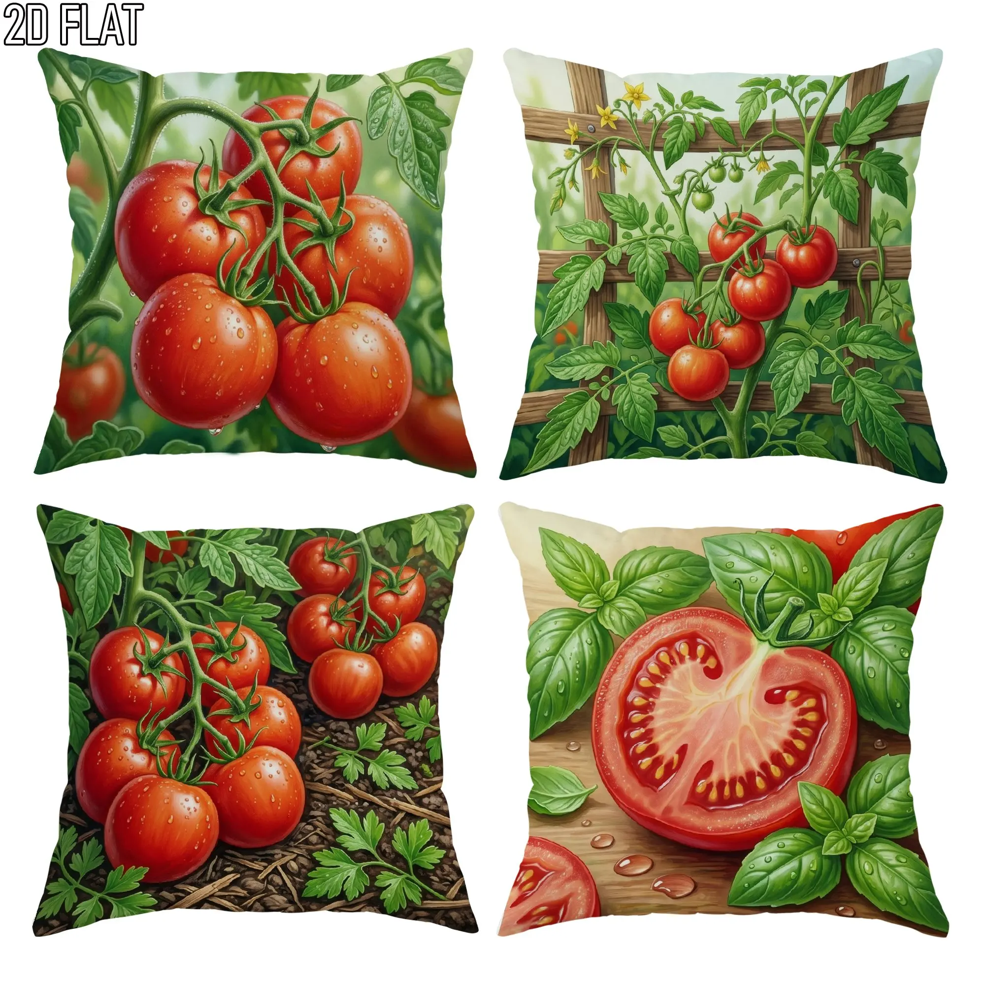 Summer Tomato Basil Garden Pillowcase Cover Set 4pcs Square Print Throw Cushion Decor Kitchen Accent 45x45cm Home Decor