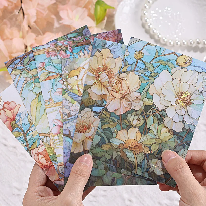 6pcs/lot Memo Pads Material Paper Dancing Flower Glass Window Series Junk Journal Scrapbooking Retro Background Decoration