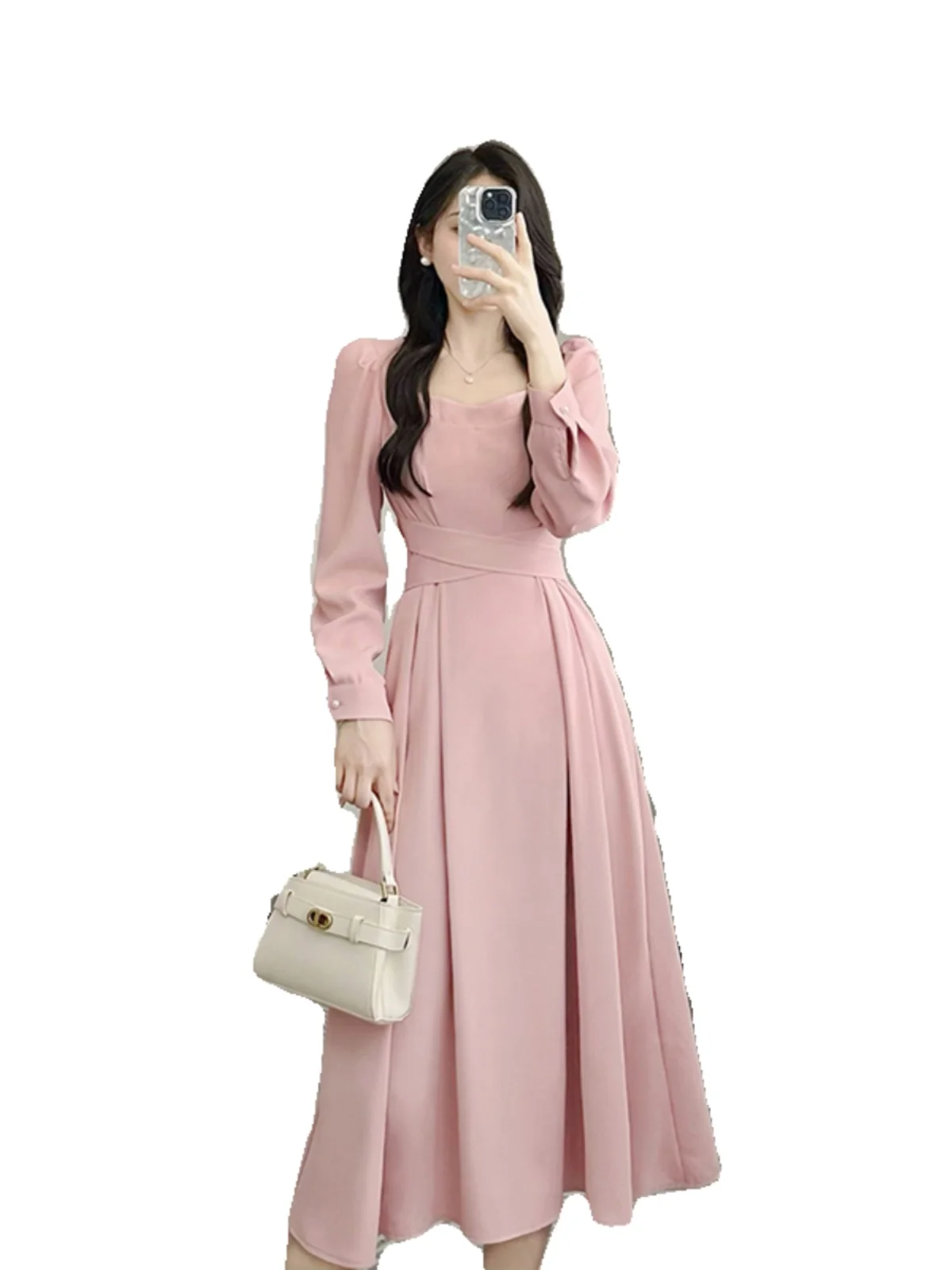 Ele A-Linie mit hoher Taille und quadratischem Kragen, lang, Sve Midi Dr, schlankmachend, formelle Ocn-Polyesterfaser, Frühlingskollektion