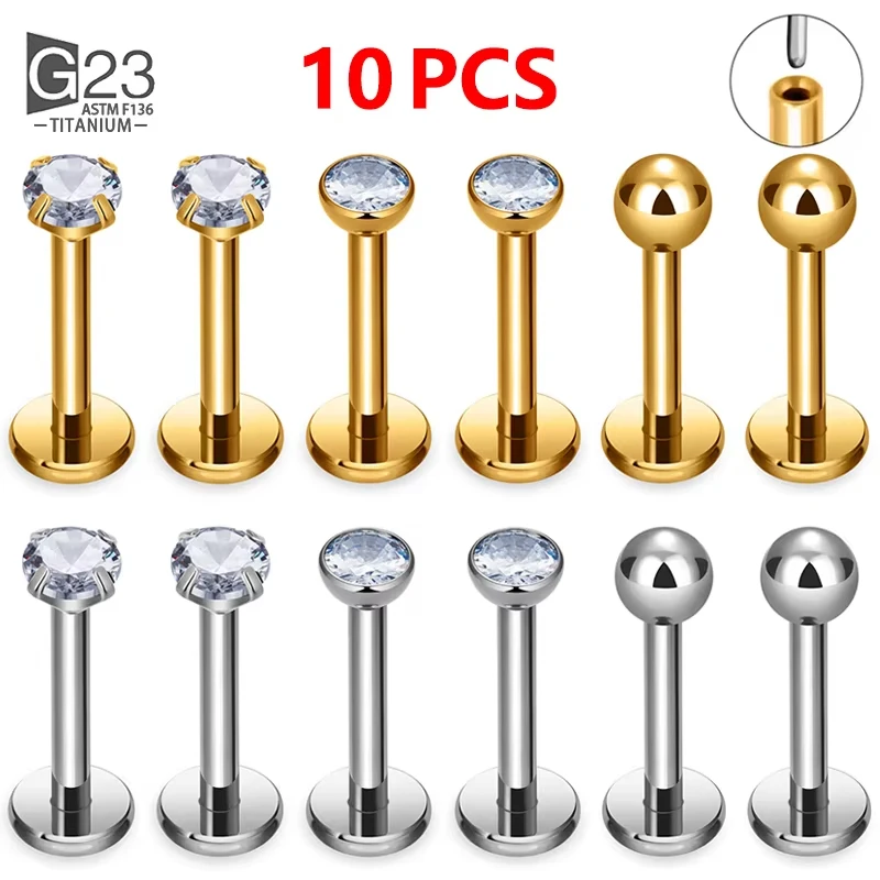 10pcs 20/18/16g G23 Titanium Piercing CZ Lip Labre Earrings set Lip Stud Ring Tragus Free Spiral Cartilage Jewelry For Women