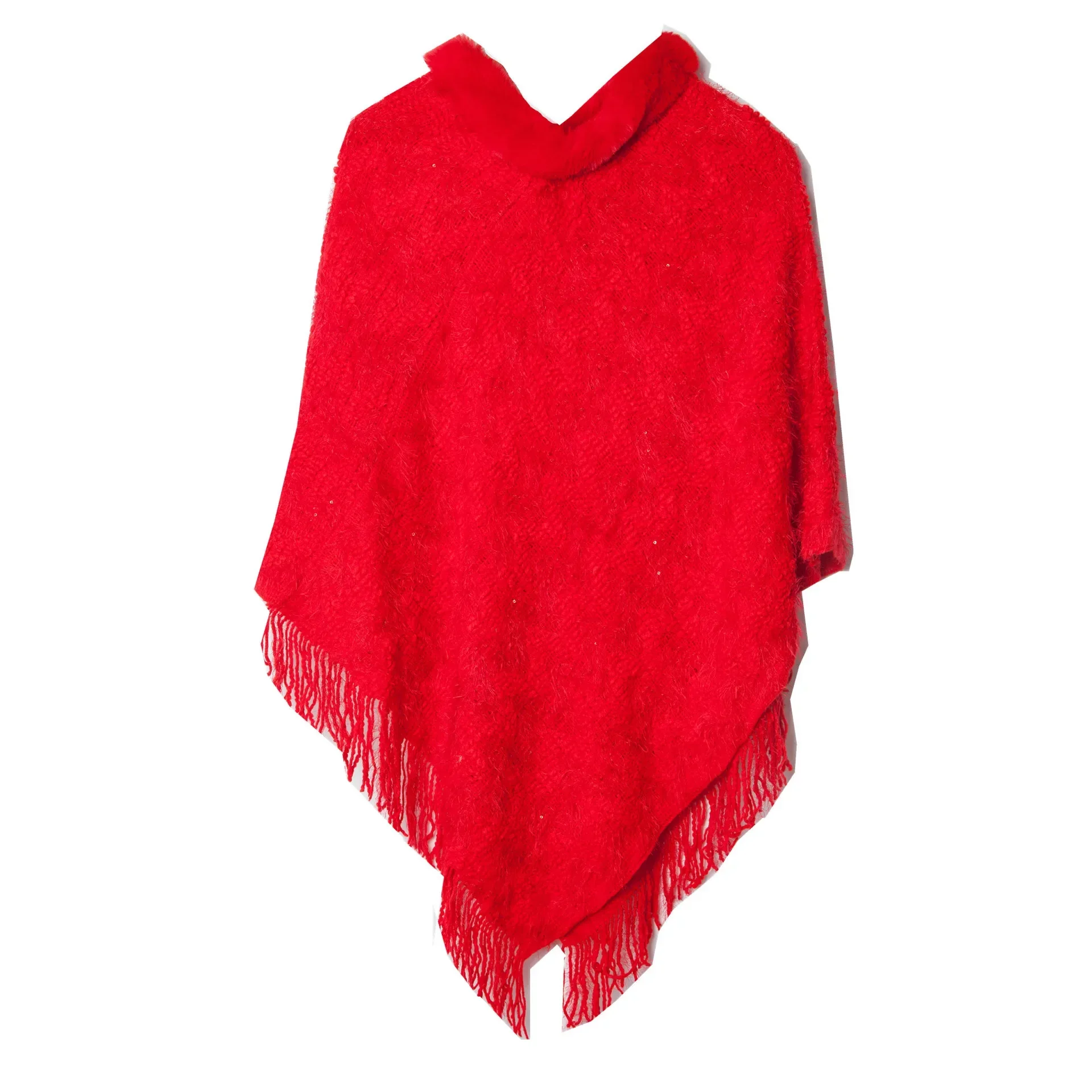 

Spring Autumn Sequin Pullover Imitation Wool Collar Shawl Knitted Cloak Fashionable Casual Poncho Lady Capes Red Cloaks