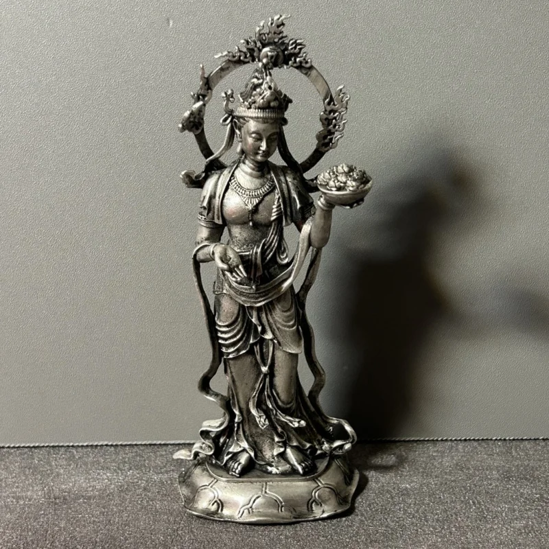 Gilt silver antique Tibetan- decor piece, vintage Chinese-style Buddha statue home ornament