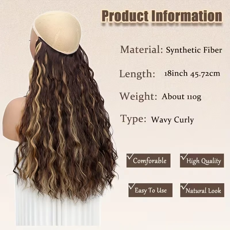 18Inch Synthetic Long Wavy Culry Fluffy Hair Extensions Invisible Fishing Line Soft Hair Pieces for Women Daily Wear