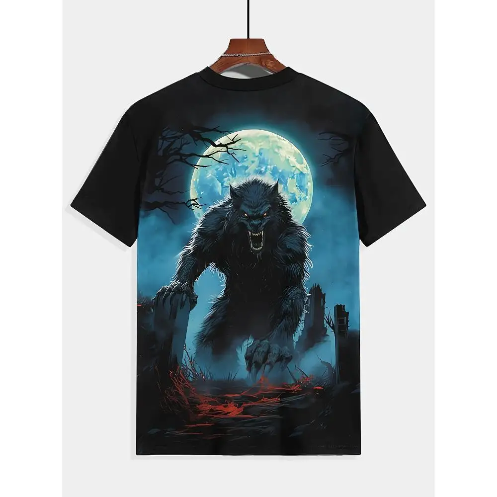 

Moon Moon Werewolf Pattern Short Sleeve Crew Neck T-Shirt, Summer Men's Casual Outdoor Short Sleeve Shirt, Suitable for Easter