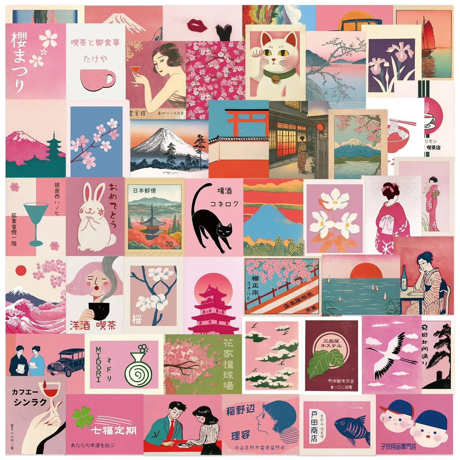 50PCS Adesivos Estéticos Japoneses em Rosa, Adesivos de Graffiti, DIY para Diário, Capa de Telefone, Scrapbook Artesanal