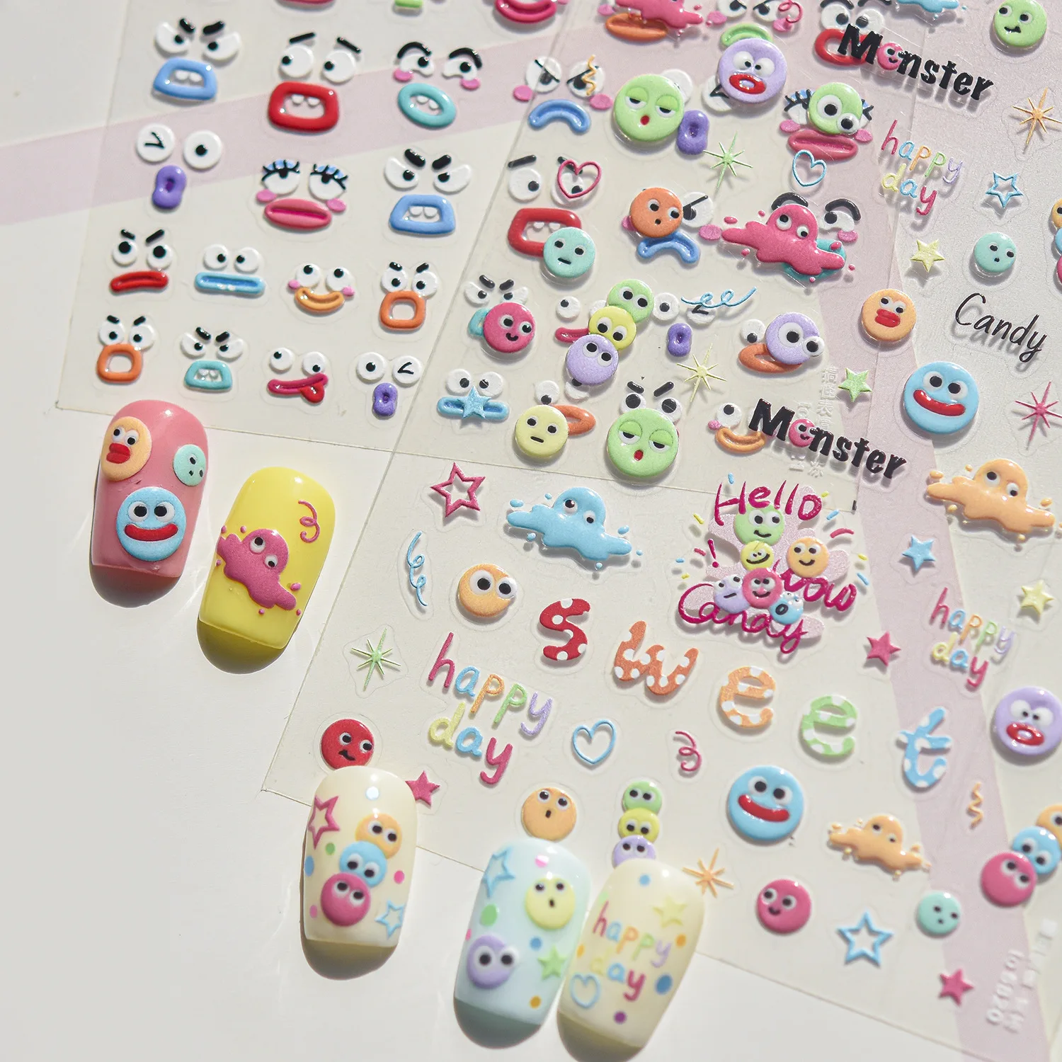 Autocollants pour ongles 5D mignons de dessins animés, petits monstres colorés, expressions de visage souriant, étoiles, cœurs, autocollants pour ongles autocollants, décalcomanies pour manucure